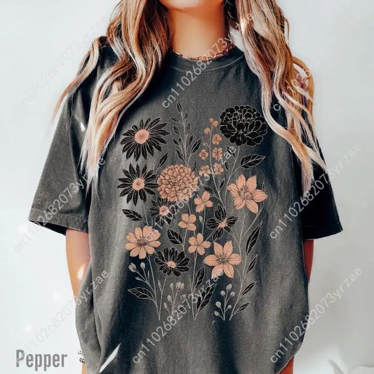 Pressed Flowers Retro Tshirt Man Woman High Quality Vintage T Shirt Cotton Short Sleeves Fashion T-shirt Soft Breathable Tops