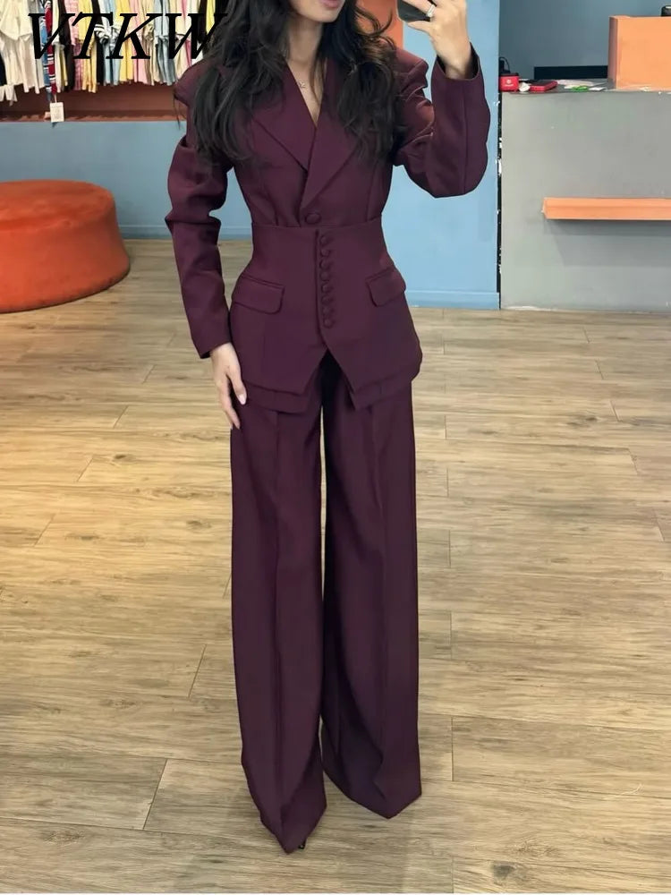 VTKW Women’s Designer 2-Piece Set Single Breasted Blazer High Waist Wide Leg Pants Spring Summer Casual Suit Vacation 2025
