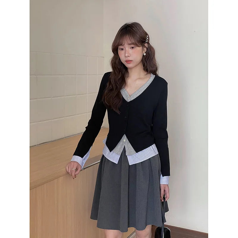 Women Cardigan V-neck Fake Two-piece Contrast Design Single Breasted Knit Comfortable Soft Casual Versatile Long Sleeved Top