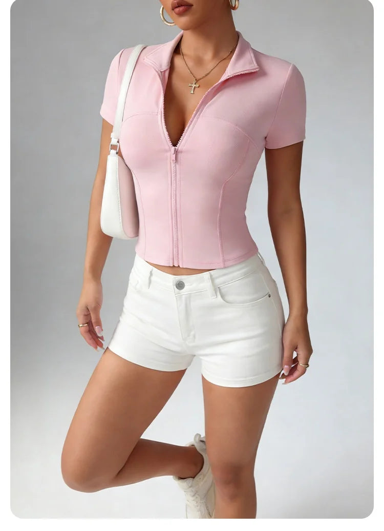 Woman yoga Jacket High Elastic breathable Yoga Short Sleeve Pink Polo Collar Tight Sports Coat Naked Fitness Casual Activewear