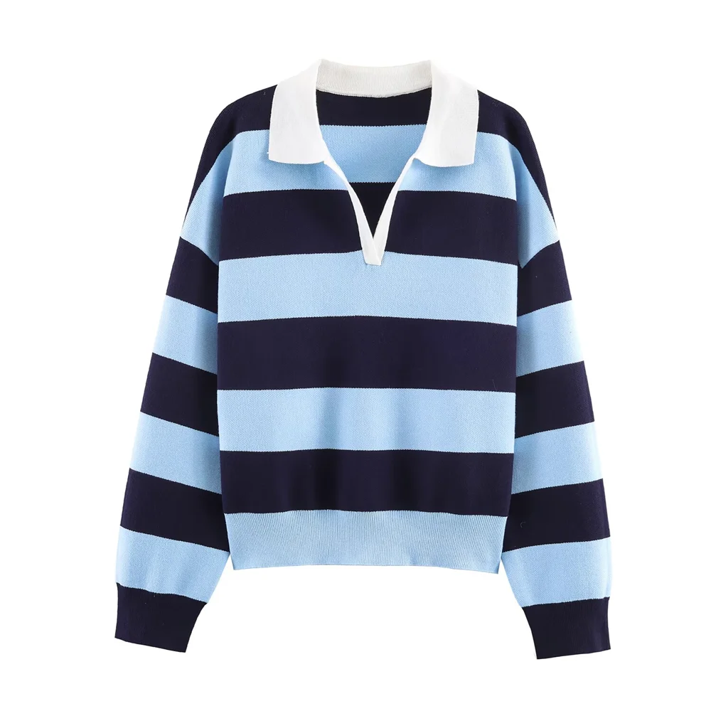 2026 new women's fashion simple American casual versatile long sleeved striped knitted polo shirt top