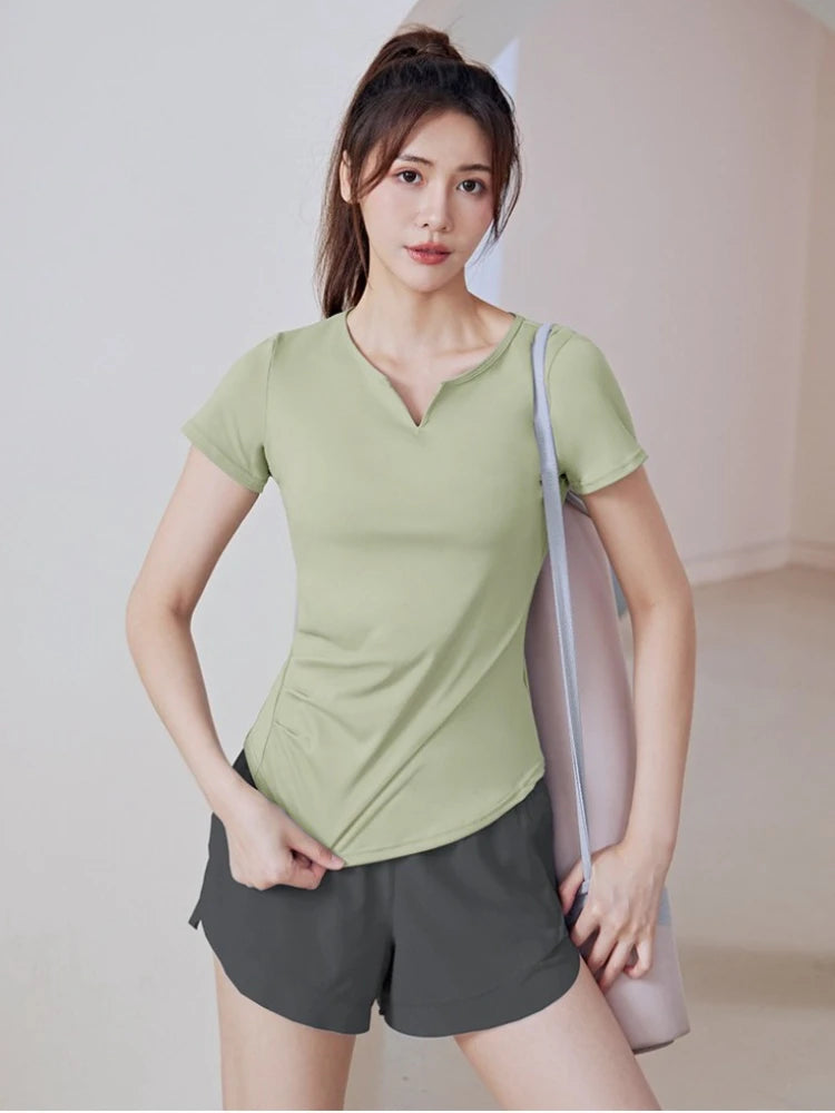 New Summer V-neck Yoga Sports Short-sleeved Stretch Fitness Nude Short-sleeved Solid Color Thin Shaping Pleated Women's T-shirt