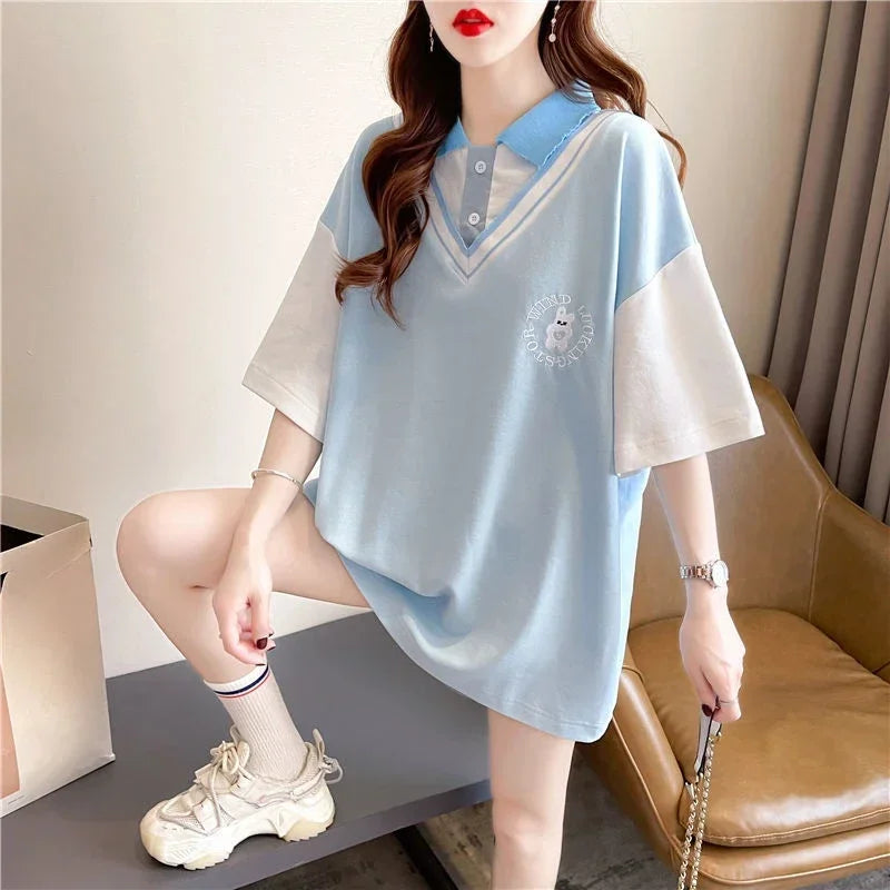 Y2k Fashion Summer Outfit Short Sleeve Baggy Neck T Shirt For Women Korean Style Clothing New Aesthetic Woman Button Tshirt