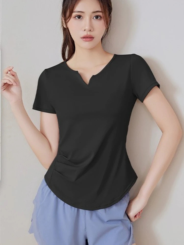 New Summer V-neck Yoga Sports Short-sleeved Stretch Fitness Nude Short-sleeved Solid Color Thin Shaping Pleated Women's T-shirt