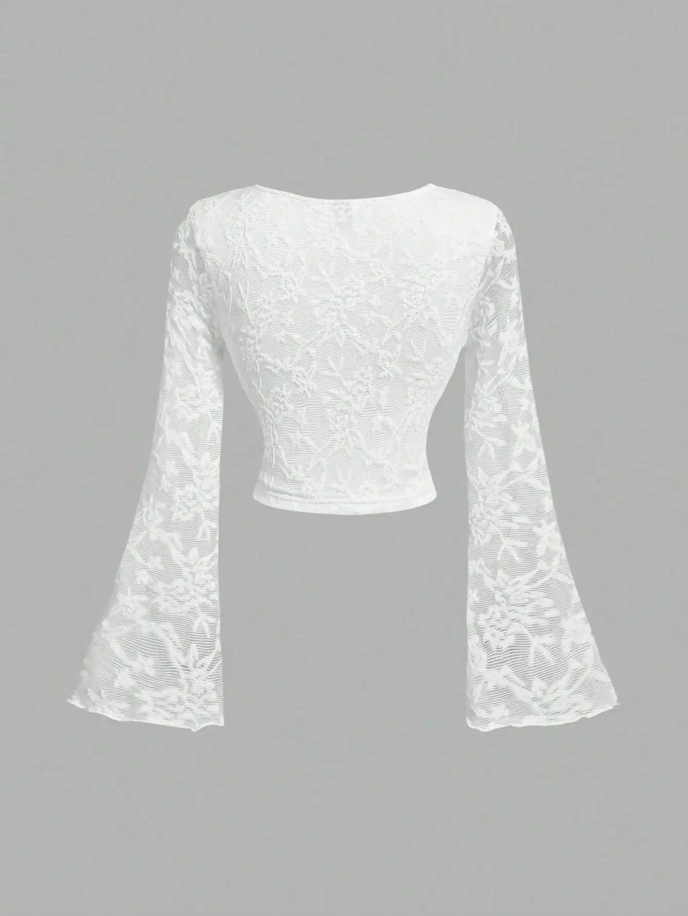 White Lace Long Sleeve Flared Top For Women Casual Fashion