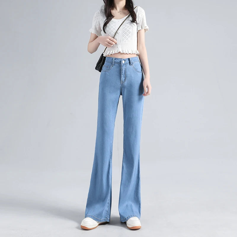 Summer Women's Wide Leg 100% Lyocell fabric Jeans Flared Bootcut Denim Pants High Waist Loose Thin Breathable Trousers Male