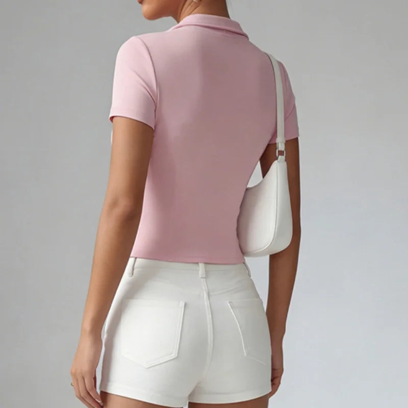 Woman yoga Jacket High Elastic breathable Yoga Short Sleeve Pink Polo Collar Tight Sports Coat Naked Fitness Casual Activewear
