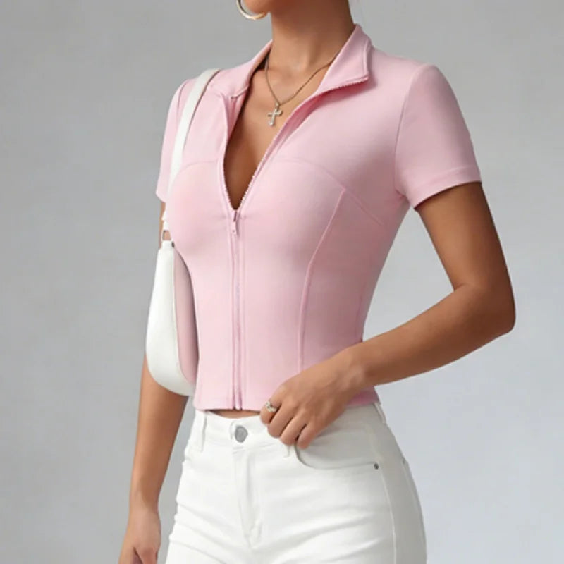 Woman yoga Jacket High Elastic breathable Yoga Short Sleeve Pink Polo Collar Tight Sports Coat Naked Fitness Casual Activewear