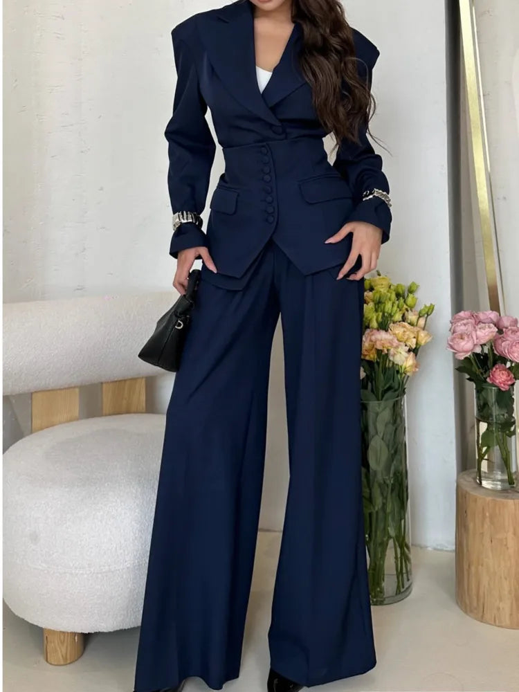 VTKW Women’s Designer 2-Piece Set Single Breasted Blazer High Waist Wide Leg Pants Spring Summer Casual Suit Vacation 2025