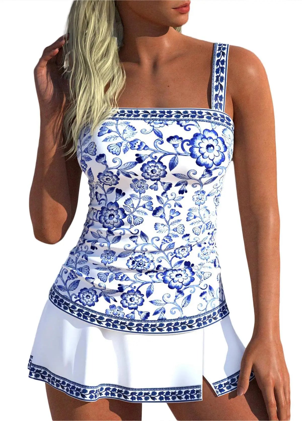 ROSEWE Womens Tummy Control Tankini Bathing Suits, Two Piece Ruched Swimsuits, Floral Print Swimdress with Skirt