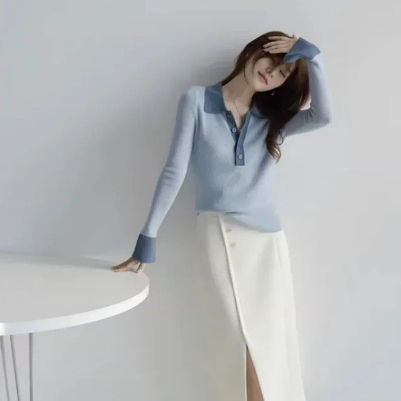 Woman Tshirt With Collar Autumn Winter Korean Clothing Polo Neck T Shirt for Women Cheap Tops Luxury In Trend 2025 Basic Sales