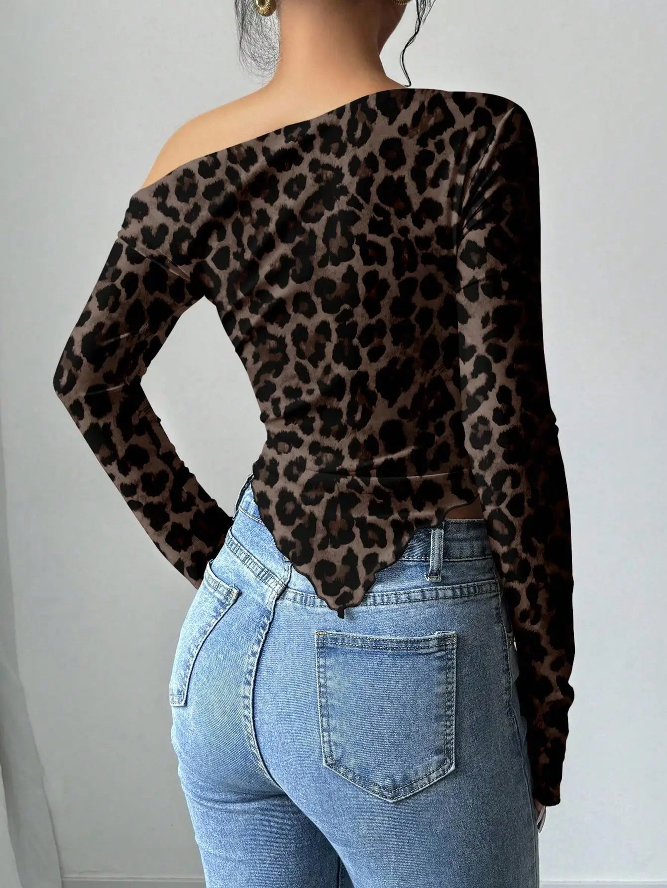 Brown Leopard Print Off Shoulder Long Sleeve Top For Women Fall Winter Party Casual