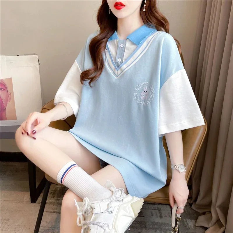 Y2k Fashion Summer Outfit Short Sleeve Baggy Neck T Shirt For Women Korean Style Clothing New Aesthetic Woman Button Tshirt
