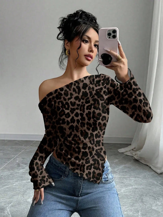 Brown Leopard Print Off Shoulder Long Sleeve Top For Women Fall Winter Party Casual