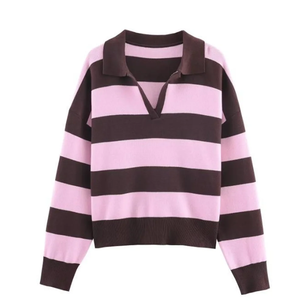 2026 new women's fashion simple American casual versatile long sleeved striped knitted polo shirt top