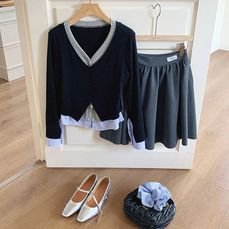 Women Cardigan V-neck Fake Two-piece Contrast Design Single Breasted Knit Comfortable Soft Casual Versatile Long Sleeved Top
