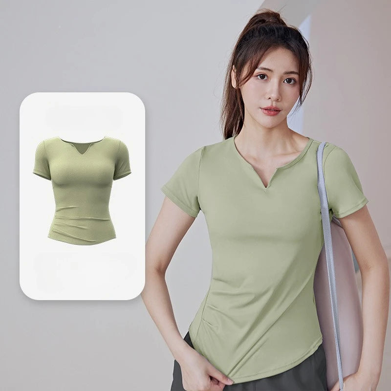 New Summer V-neck Yoga Sports Short-sleeved Stretch Fitness Nude Short-sleeved Solid Color Thin Shaping Pleated Women's T-shirt