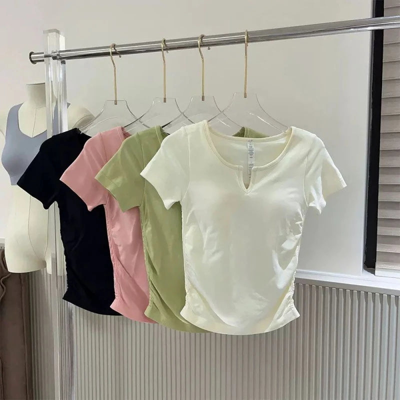 Seamless V-neck with Bra Pads Short-sleeved Women's Thin Slim Cups One-piece T-shirt Yoga Wear Fitness Tops for Women