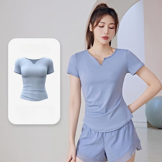 New Summer V-neck Yoga Sports Short-sleeved Stretch Fitness Nude Short-sleeved Solid Color Thin Shaping Pleated Women's T-shirt