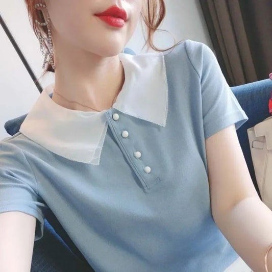Short Sleeve Polo Neck T Shirt for Women Slim Woman Tshirt Clearance Tee Y2k Fashion Korea 2025 High Quality Women's Clothing