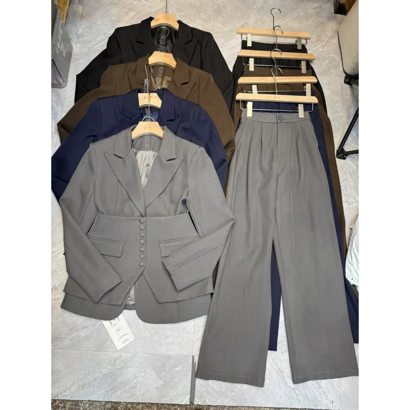 VTKW Women’s Designer 2-Piece Set Single Breasted Blazer High Waist Wide Leg Pants Spring Summer Casual Suit Vacation 2025