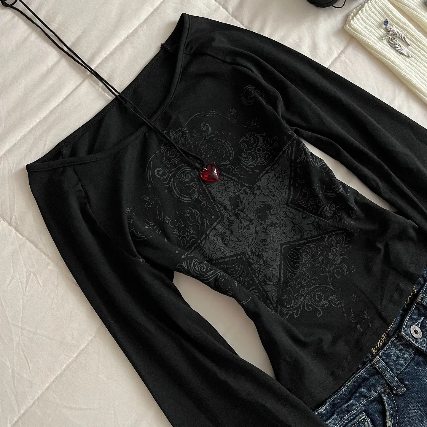 Y2K Grunge Emo Pattern Top Suitable for Autumn E-Girls Millennium Style Women's Aesthetic Gothic Printed Loose Long Sleeve T-shi